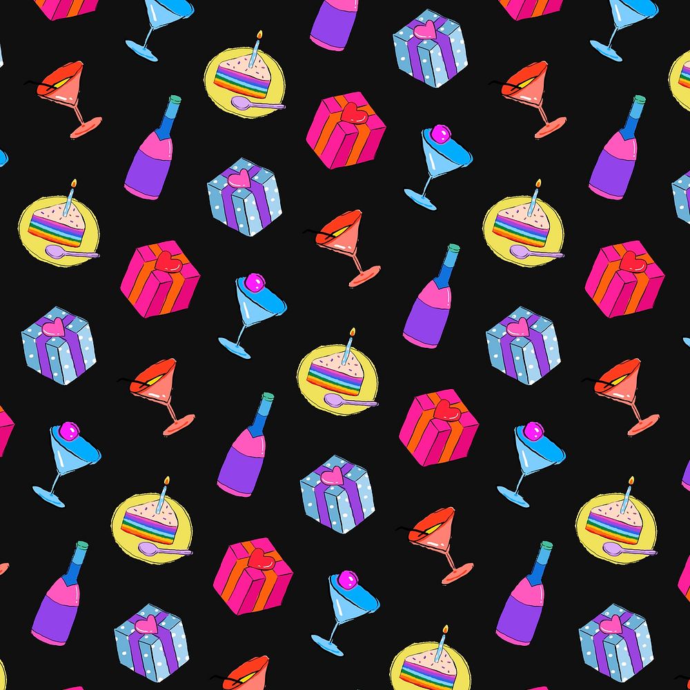 Colorful birthday pattern black background, drawing illustration, seamless design
