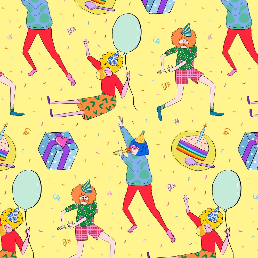Partying cartoons pattern background, drawing illustration, seamless design