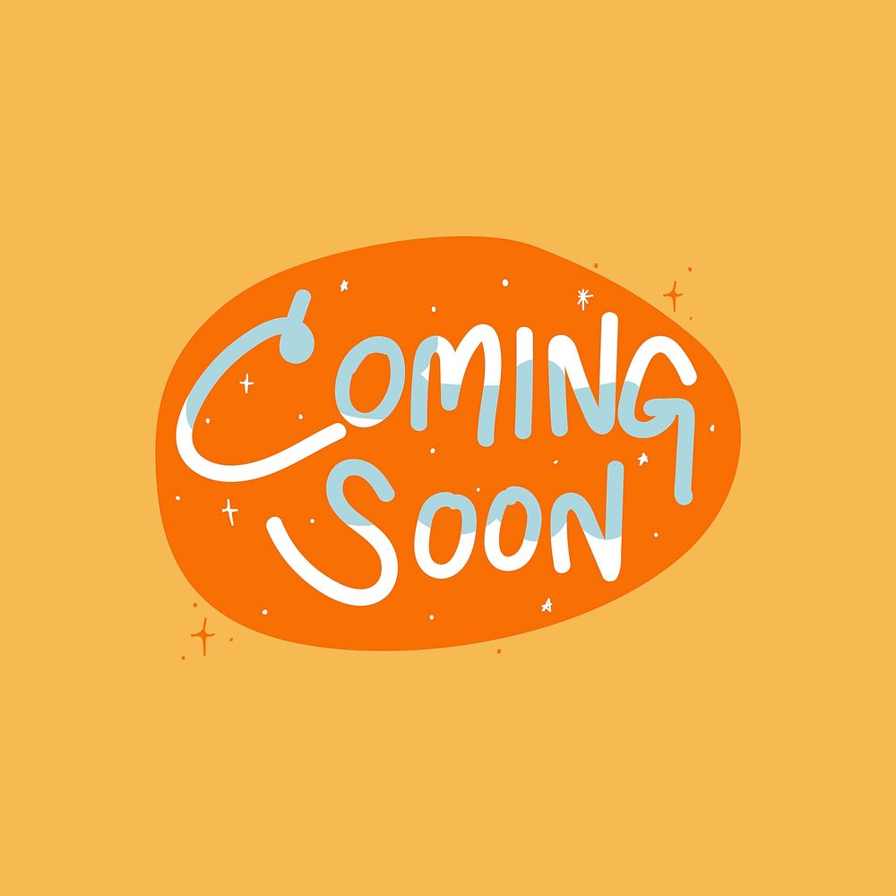 Coming soon word sticker, cute pastel orange design vector