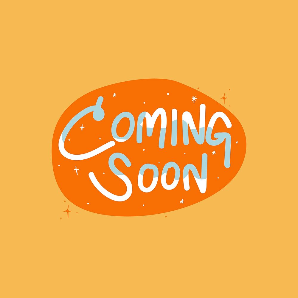 Coming soon word sticker, cute pastel orange design psd