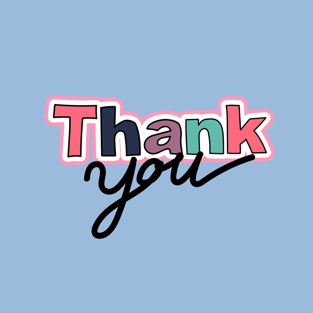 Thank you word sticker, cute pastel blue design psd