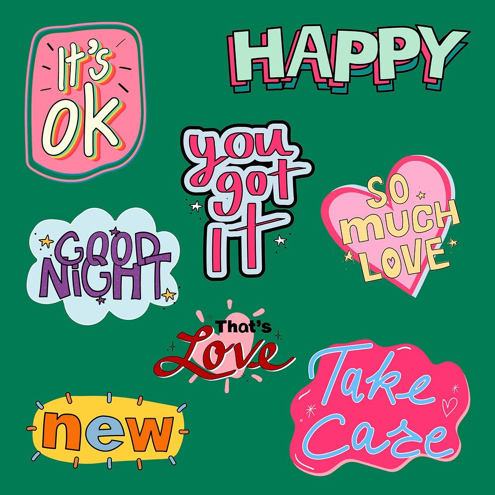 Typography collage clipart, cute pastel colorful design vector collection