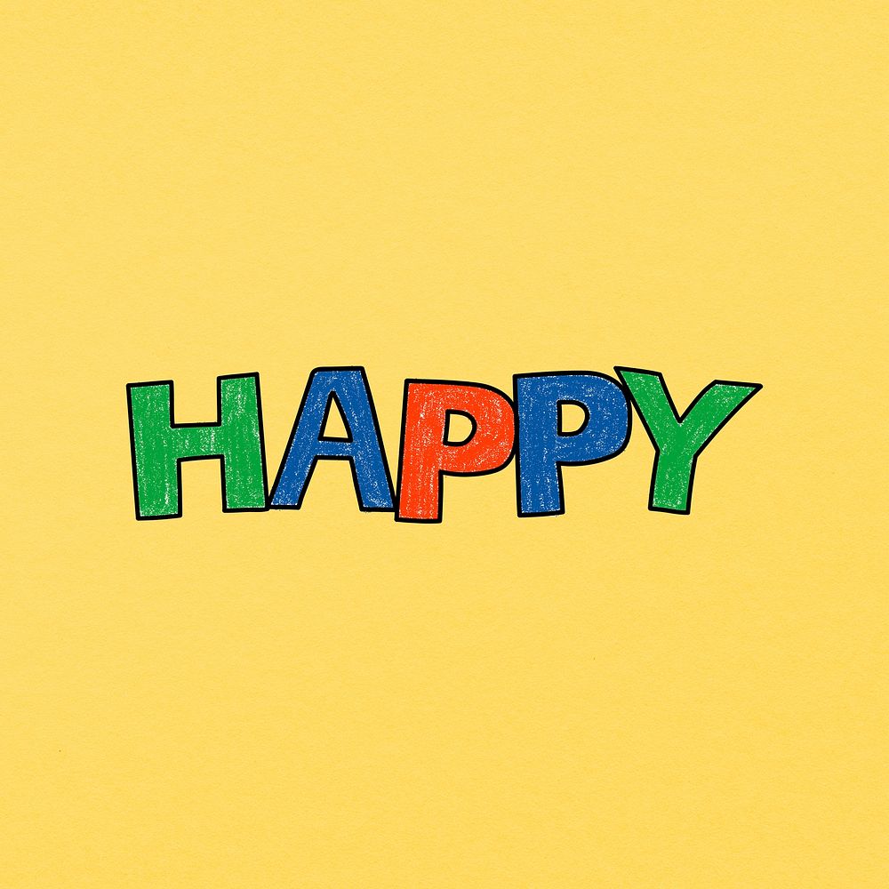 HAPPY word sticker, cute pastel yellow design psd