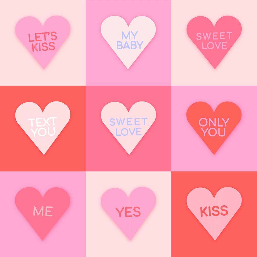 Heart shape vector stickers, cute love text