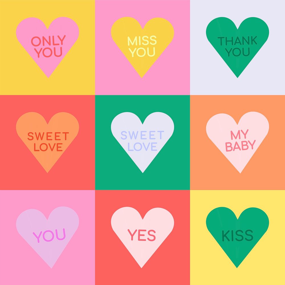 Heart shape vector stickers, cute love text