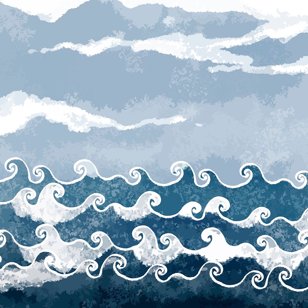 Ocean wave painted background illustration Japanese style