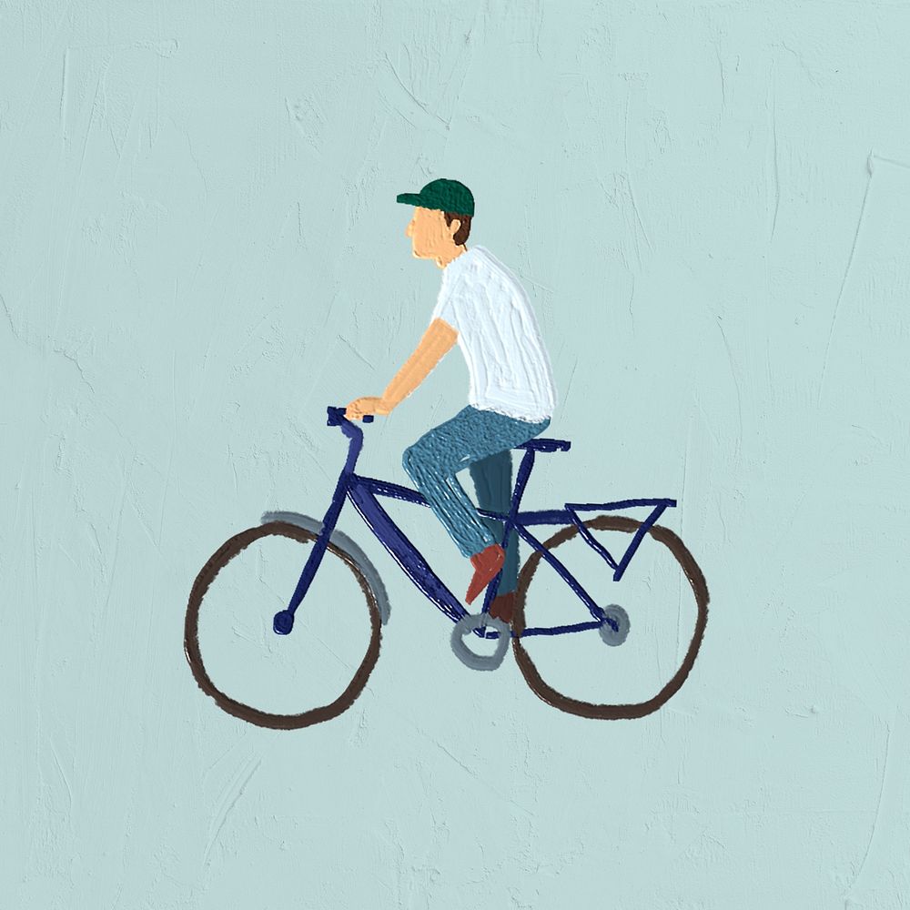 Watercolor painting cyclist, exploration illustration on blue background, simple nature design