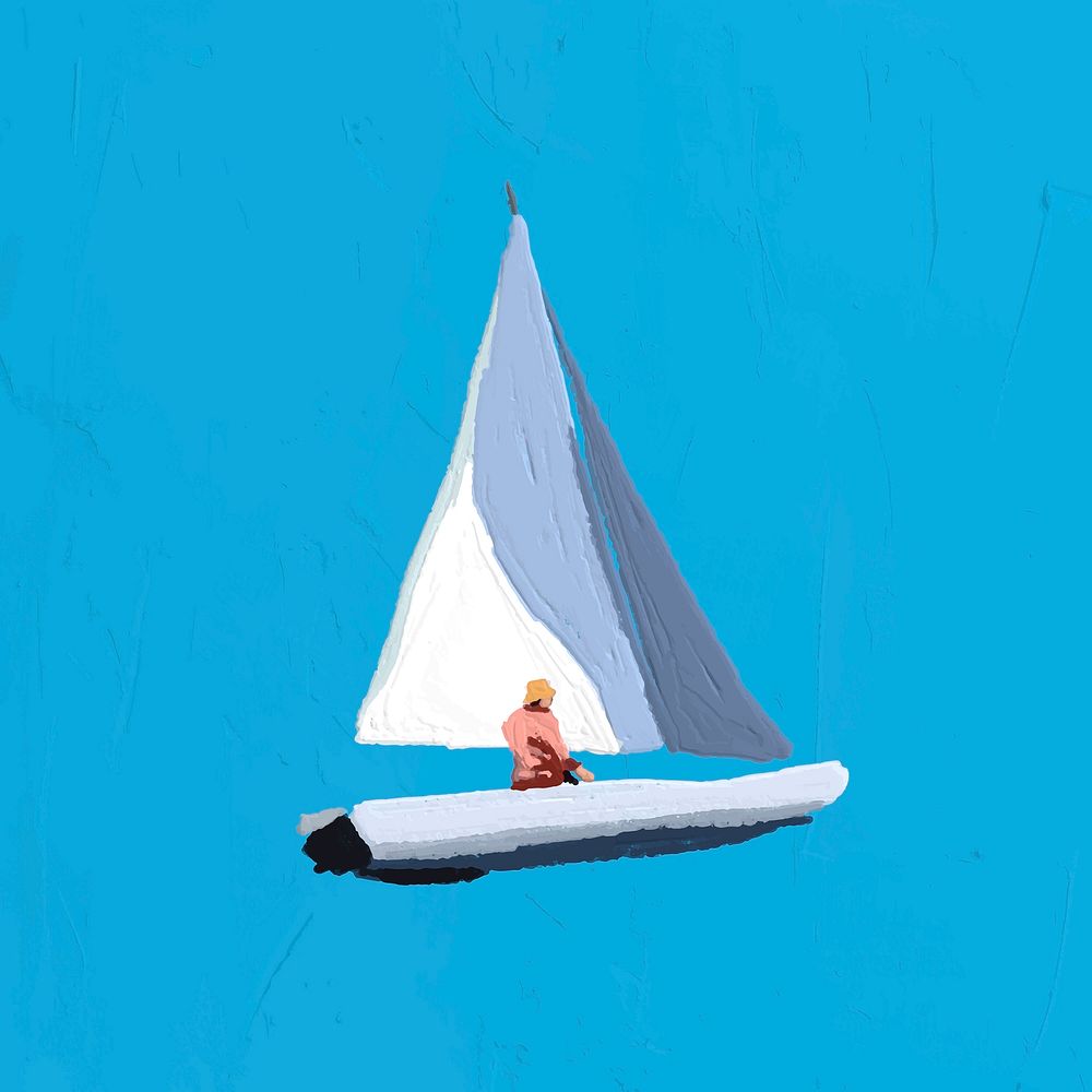 Watercolor painting sailboat sticker, aesthetic nature design on blue background vector