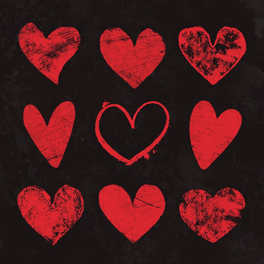 Red grunge heart stickers set, black background vector