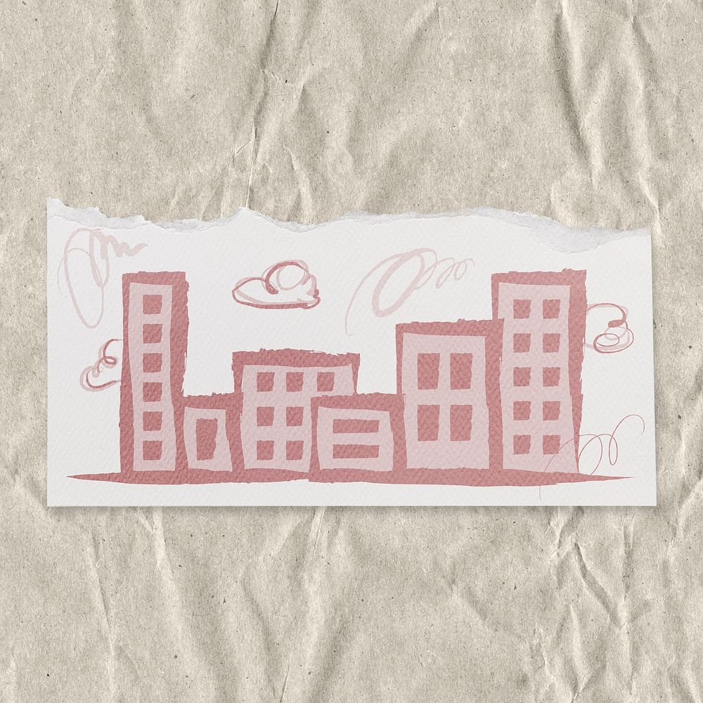 Office buildings doodle sticker, ripped paper aesthetic psd
