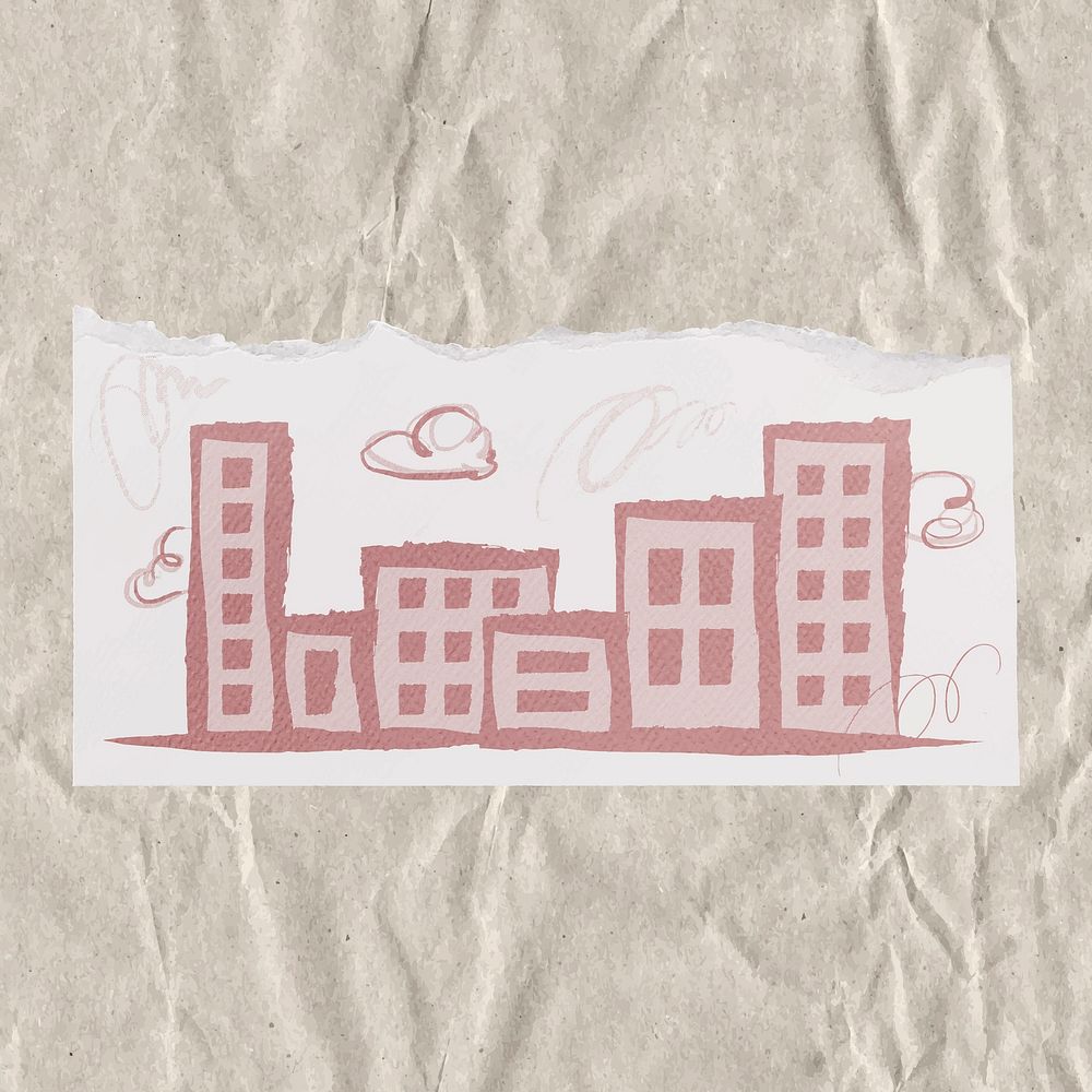 Office buildings doodle sticker, ripped paper aesthetic vector