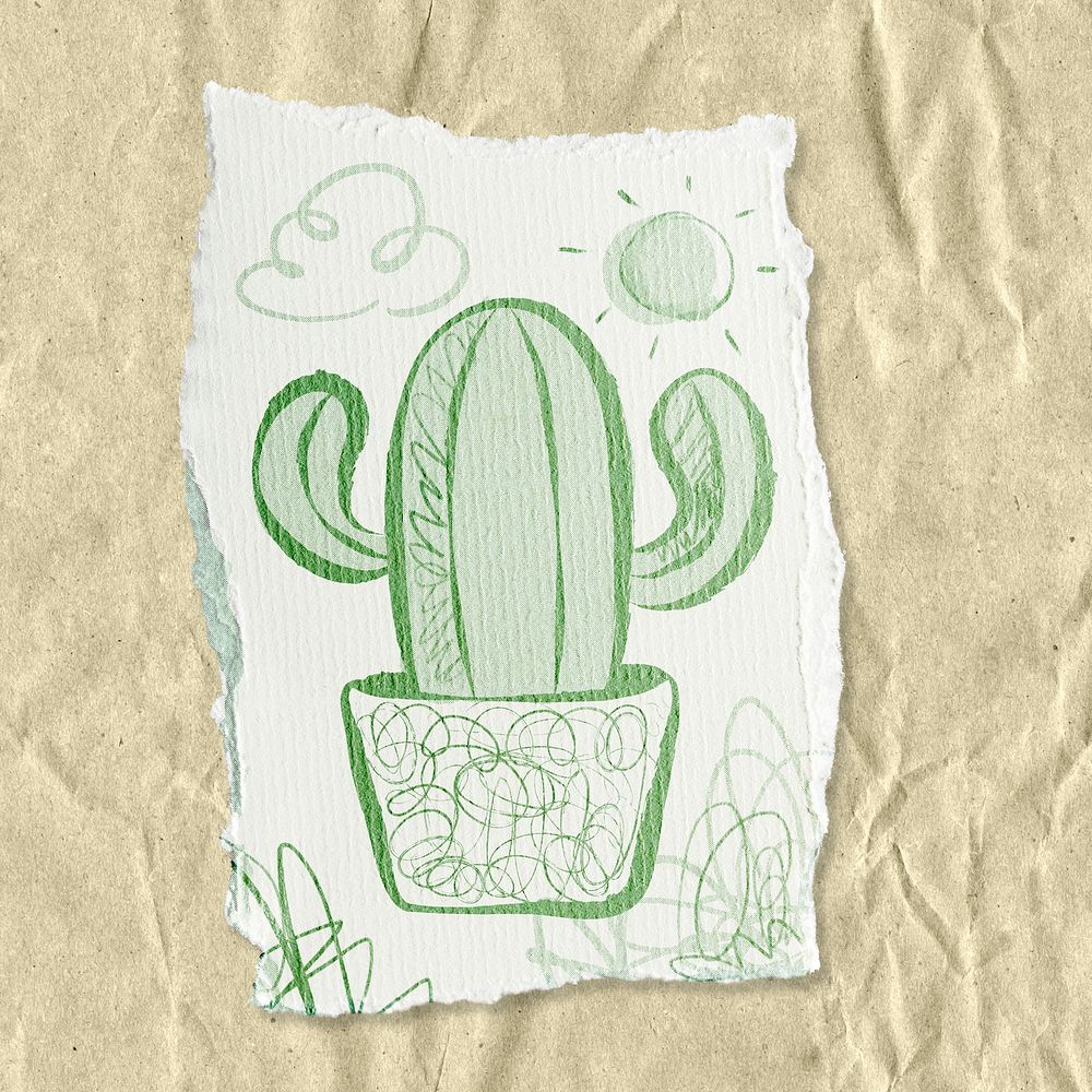 Cactus doodle sticker, ripped paper aesthetic psd