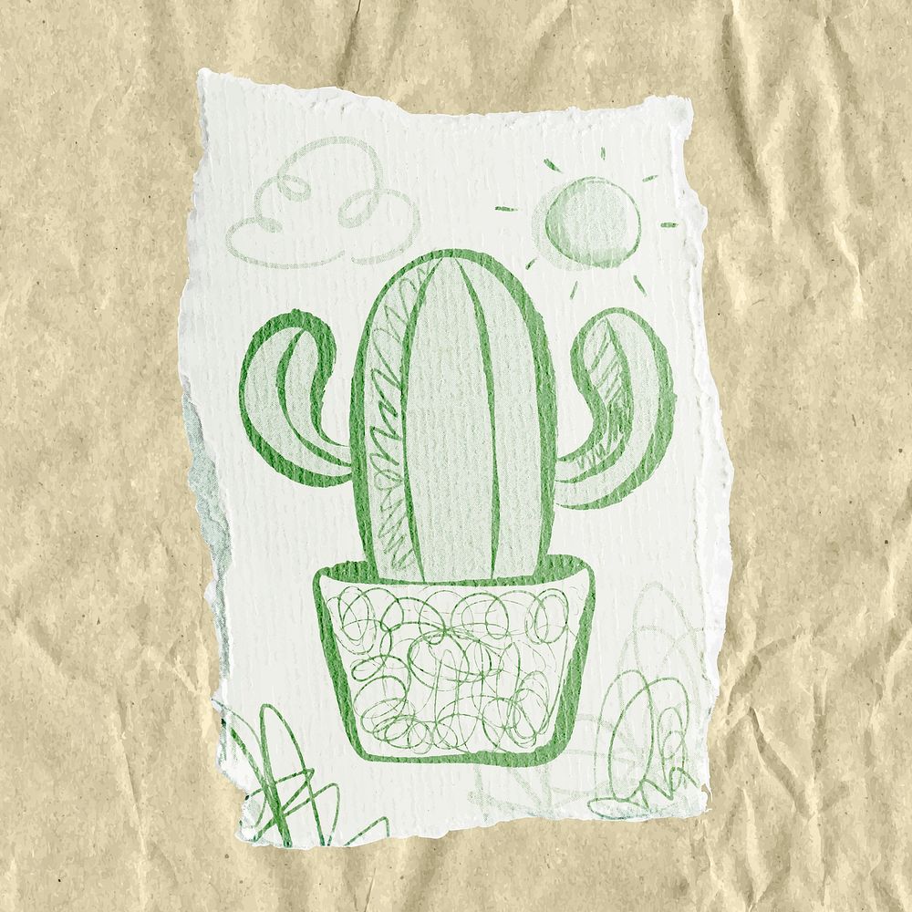 Cactus doodle sticker, ripped paper aesthetic vector