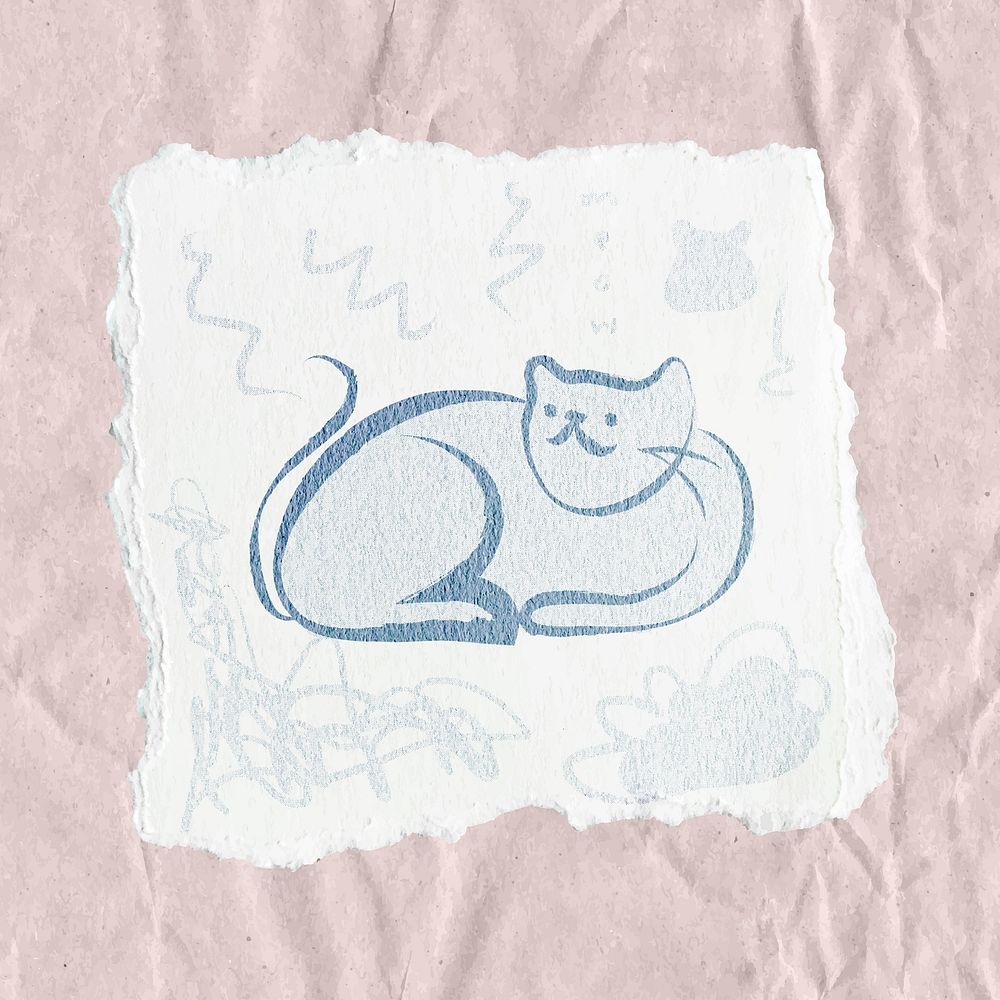 Sitting cat doodle sticker, ripped paper aesthetic vector