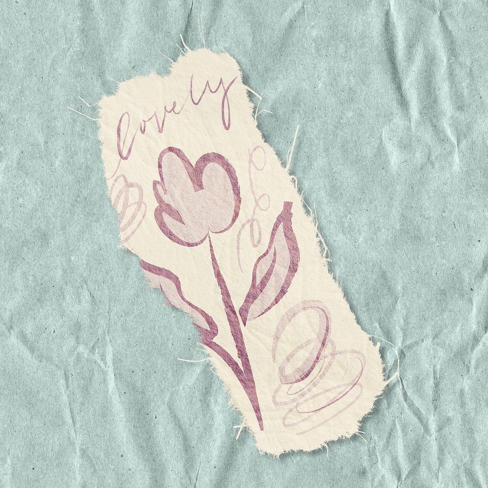 Tulip flower doodle sticker, ripped paper aesthetic psd