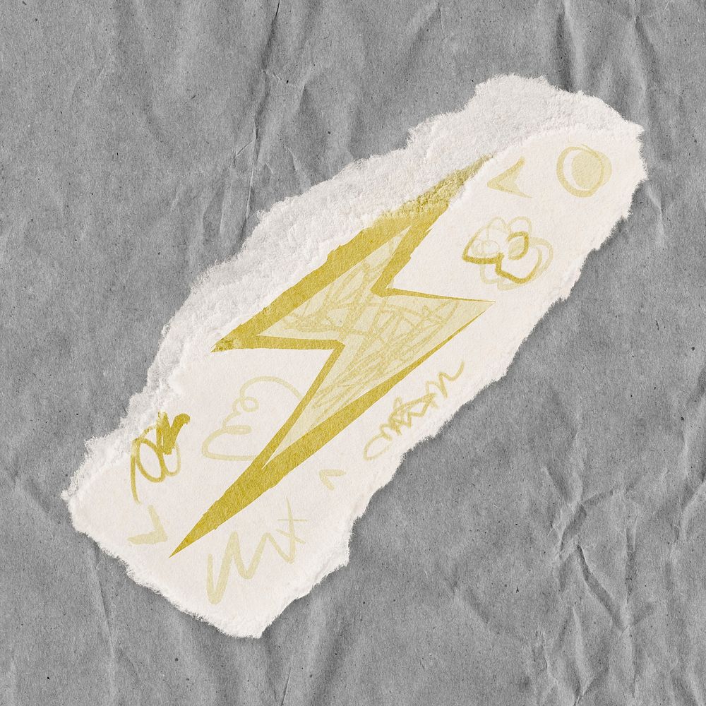 Lightning bolt doodle sticker, ripped paper aesthetic psd