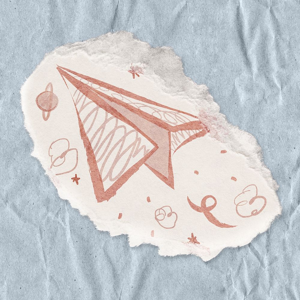 Paper plane doodle sticker, ripped paper aesthetic psd