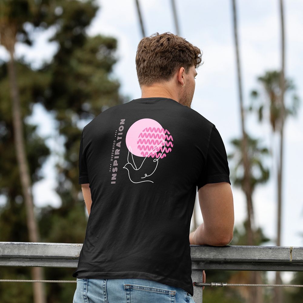 Man in black tee and jeans, summer outfit, rear view