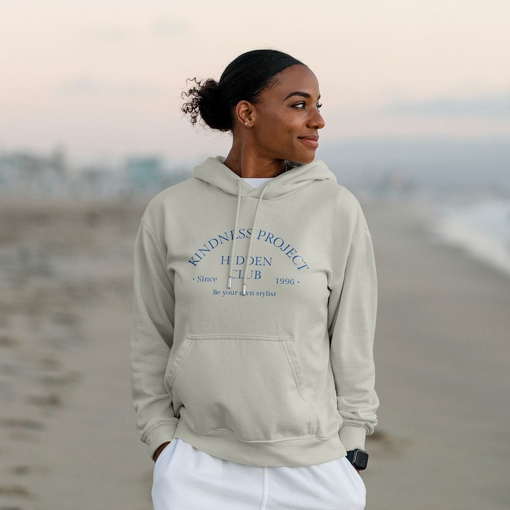 Beautiful woman at the beach, streetwear hoodie