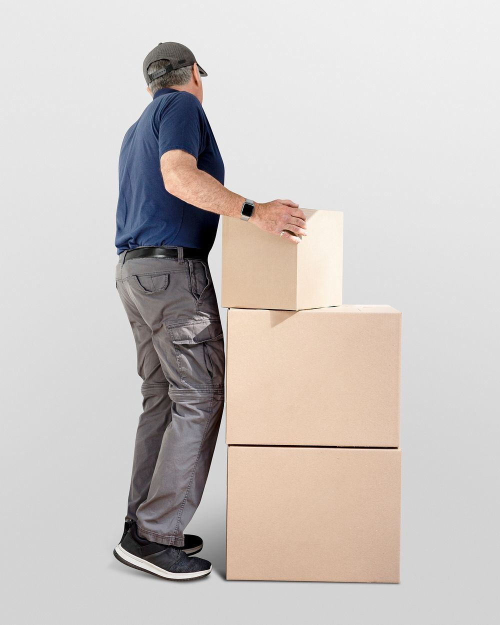 Delivery service man, stacked parcel boxes image with job concept