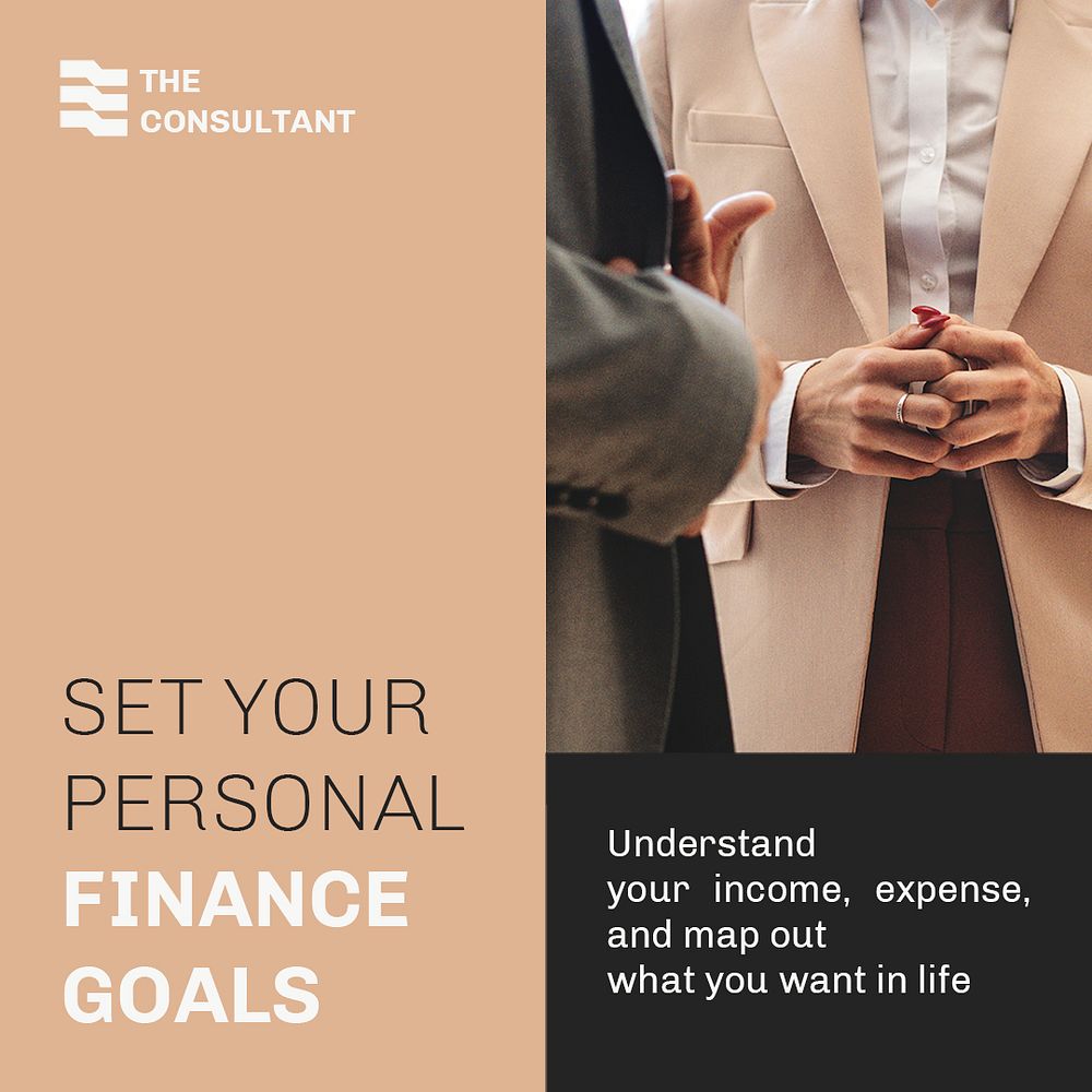 Finance goals Facebook post template, business consulting, beige design psd
