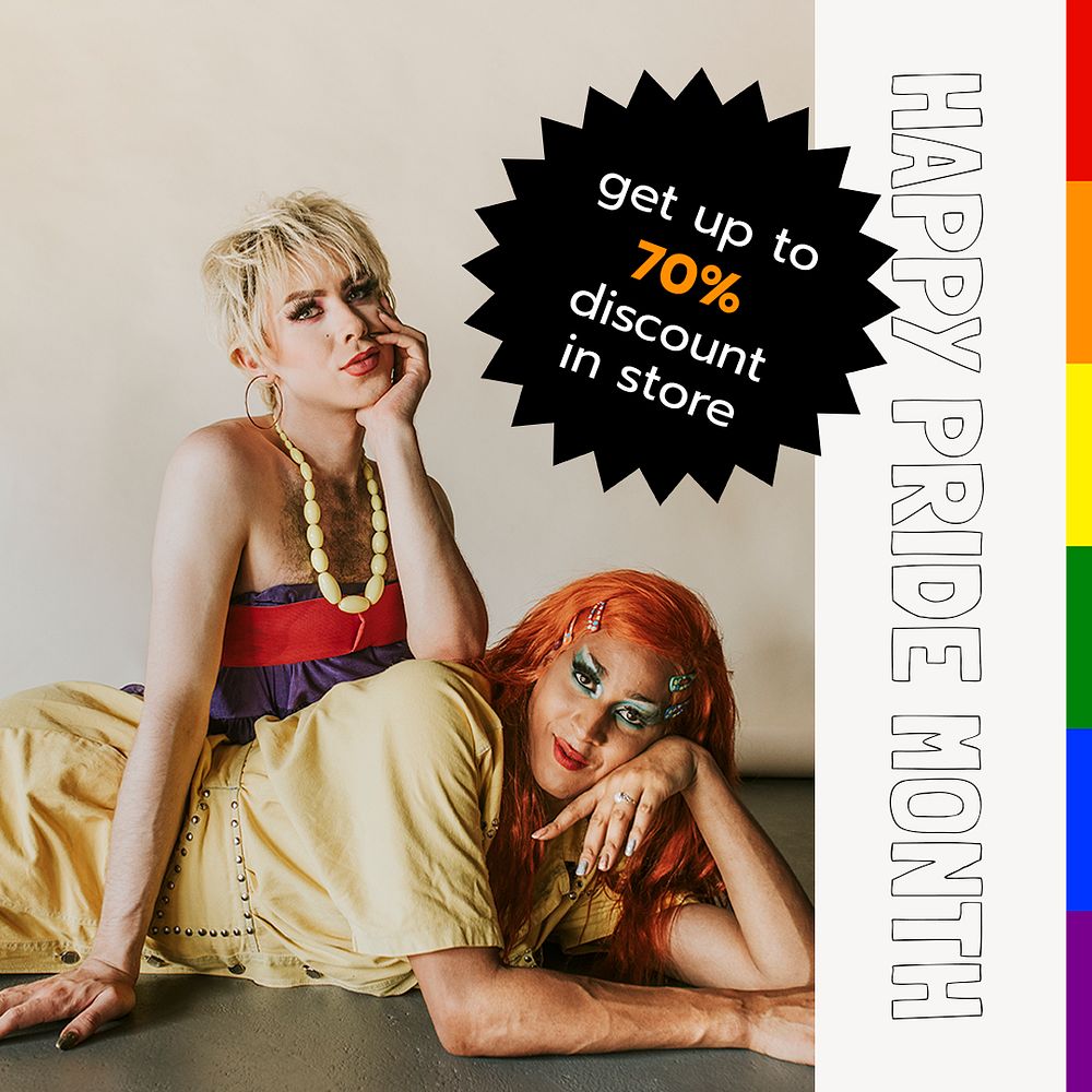 Pride sale Instagram post template, drag queens photo psd