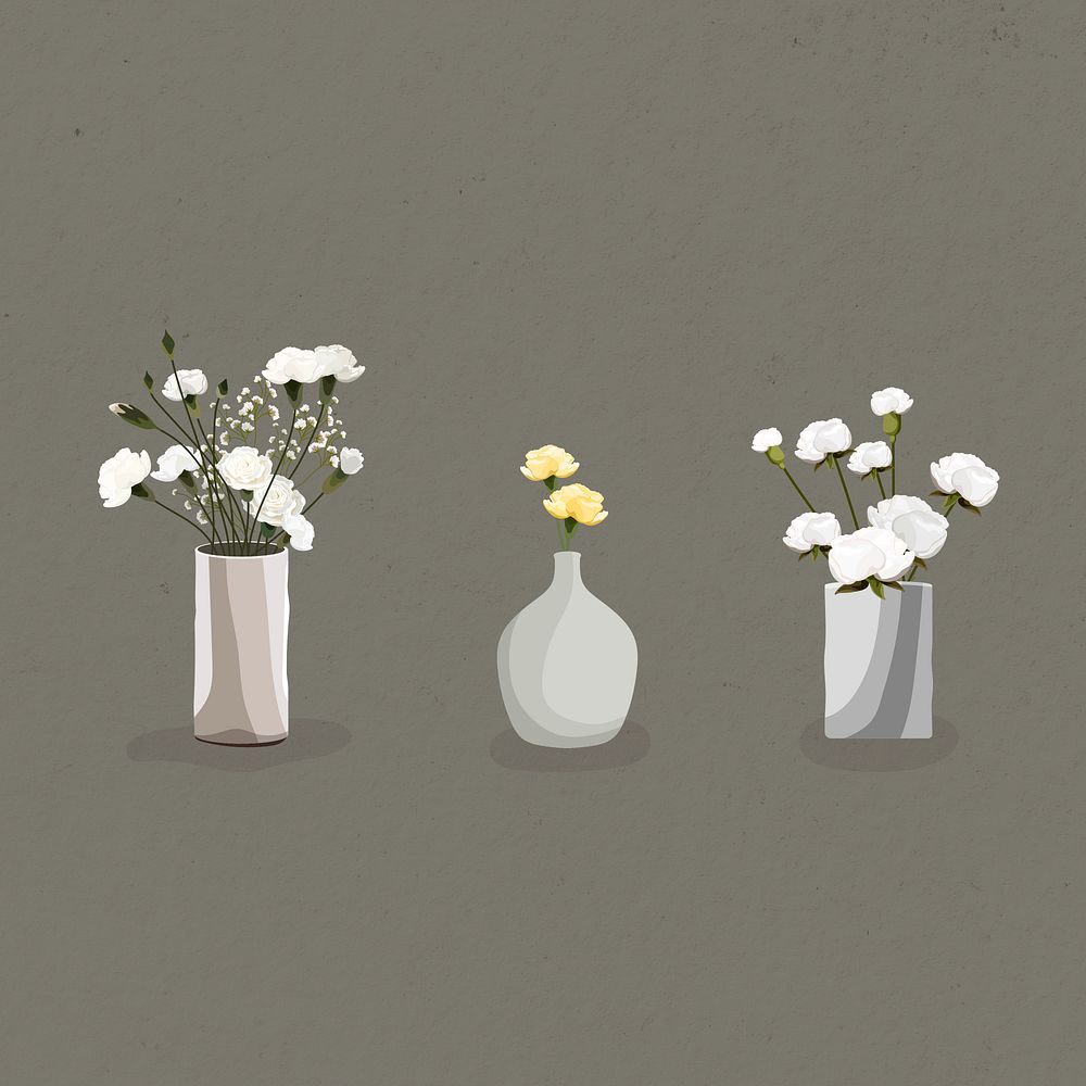 Blooming Billy Balls and white carnations in the vases design element illustration