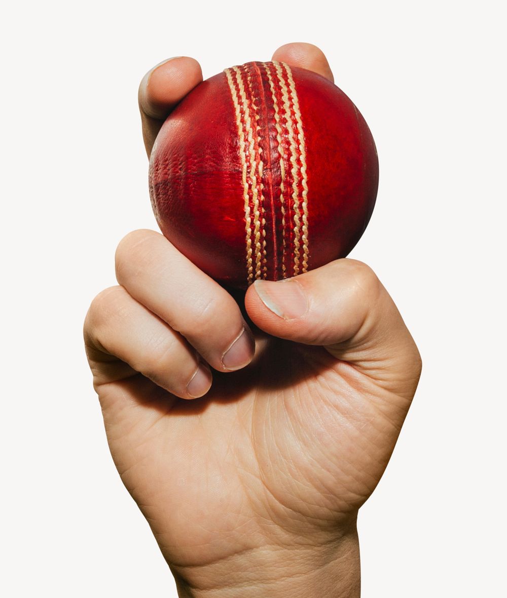 Hand holding cricket ball sticker, sports isolated image psd