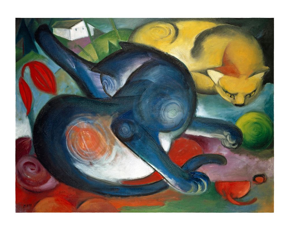 Franz Marc painting, vintage two cats, blue and yellow, expressionism art print