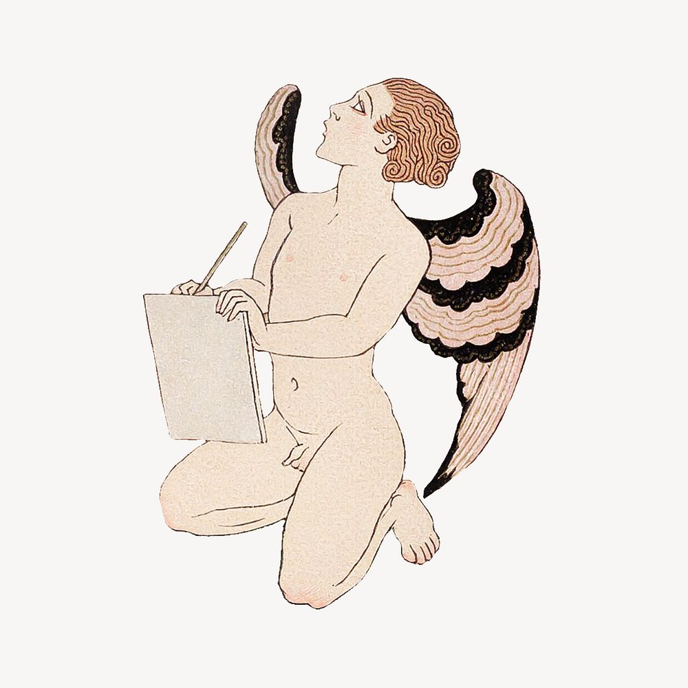 Cherub collage element, George Barbier-inspired vintage artwork psd, remixed by rawpixel