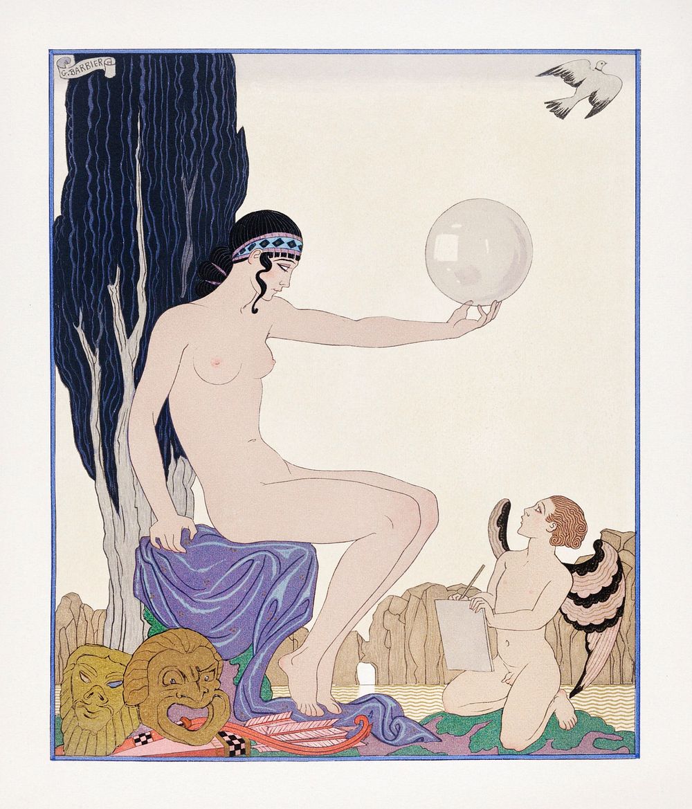 Seated woman and cherub (1929) fashion illustration in high resolution by George Barbier. Original from The Beinecke Rare…
