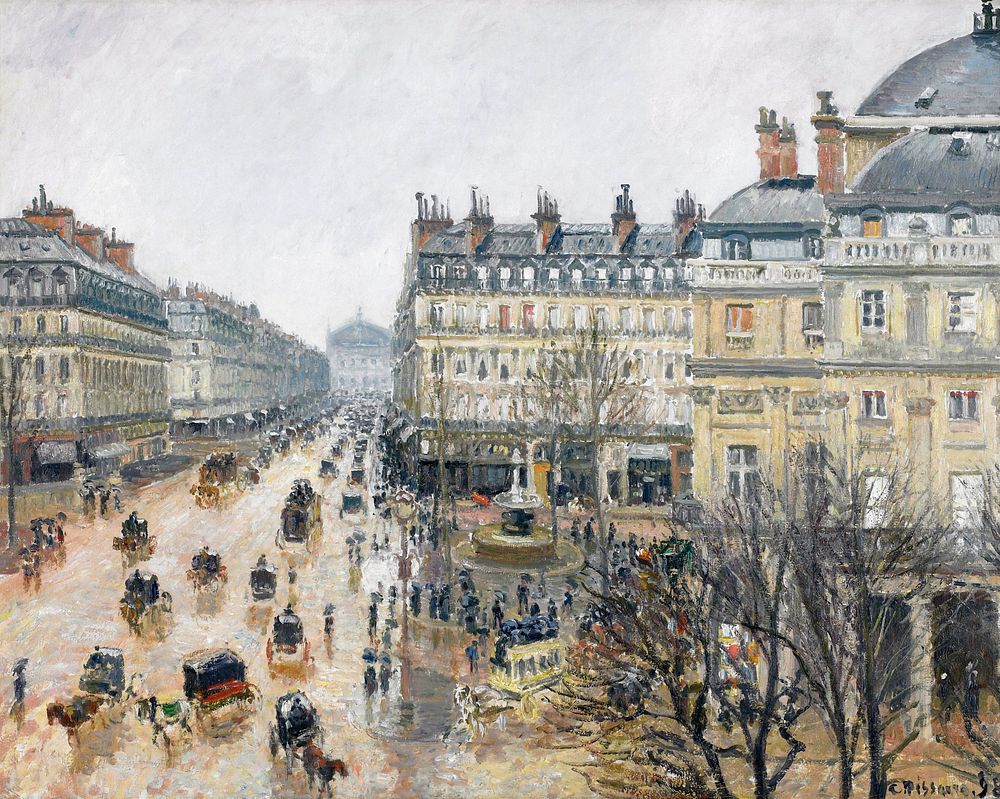French Theater Square, Paris (1898) painting in high resolution by Camille Pissarro. Original from the Minneapolis Institute…