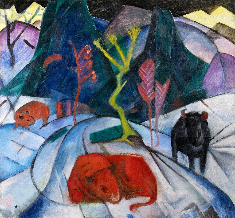 Bison in winter (red bison) (1913) painting in high resolution by Franz Marc. Original from the Kunstmuseum Basel Museum.…