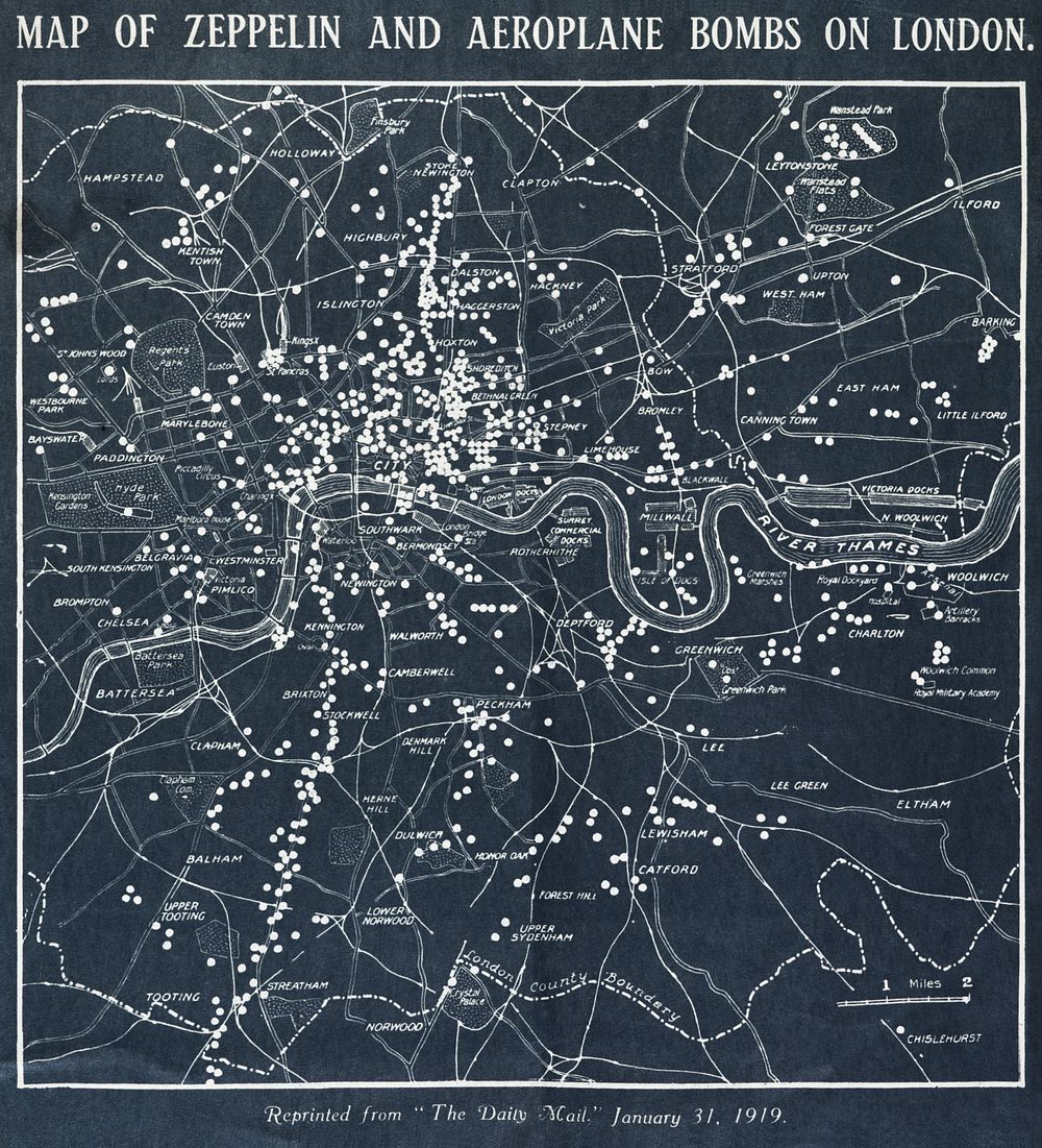 Map of Zeppelin and aeroplane bombs on London. From: World War I photograph album (1919) by Herbert Green. Original from…