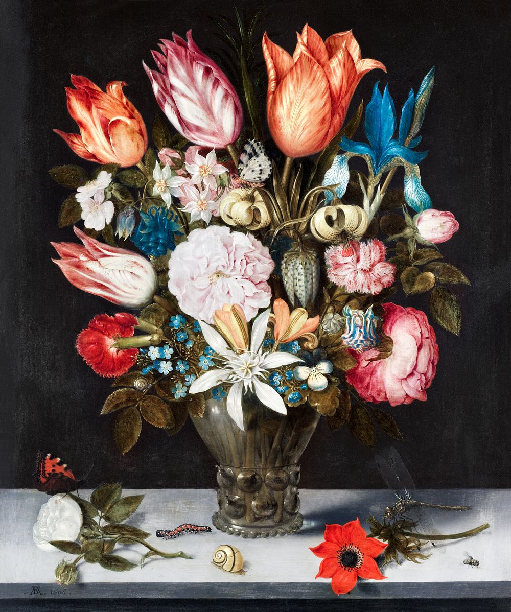 Flowers in a Glass (1606) by Ambrosius Bosschaert. Original from The Cleveland Museum of Art. Digitally enhanced by rawpixel.