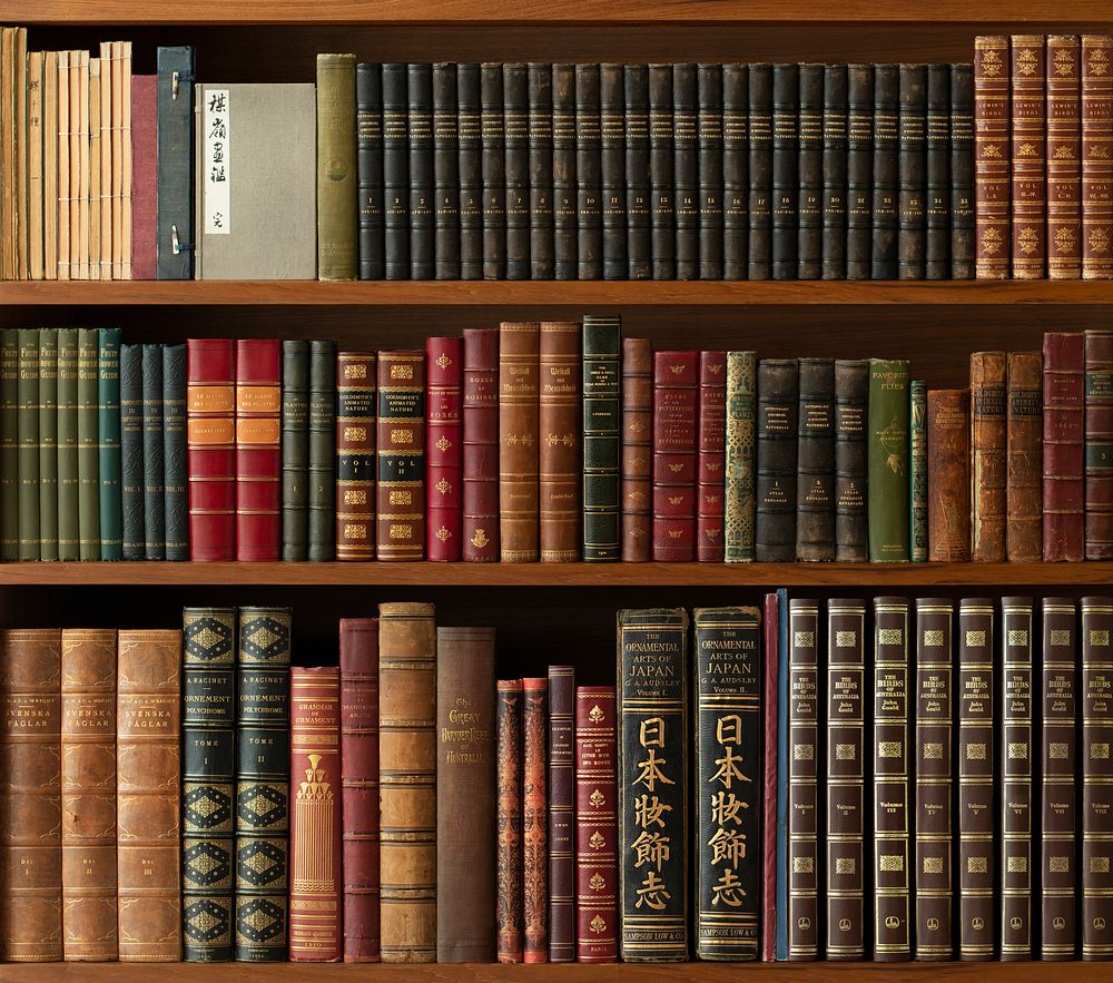 Antique books in a library, from our own original public domain collection.