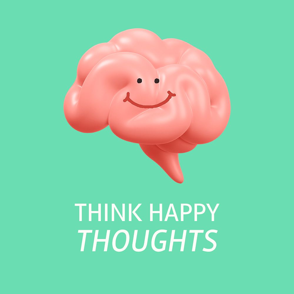 Happy thoughts Instagram post template, smiling brain 3D illustration psd