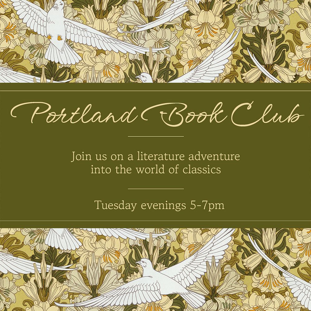 Book club Instagram post template, green bird pattern psd, famous Maurice Pillard Verneuil artwork remixed by rawpixel