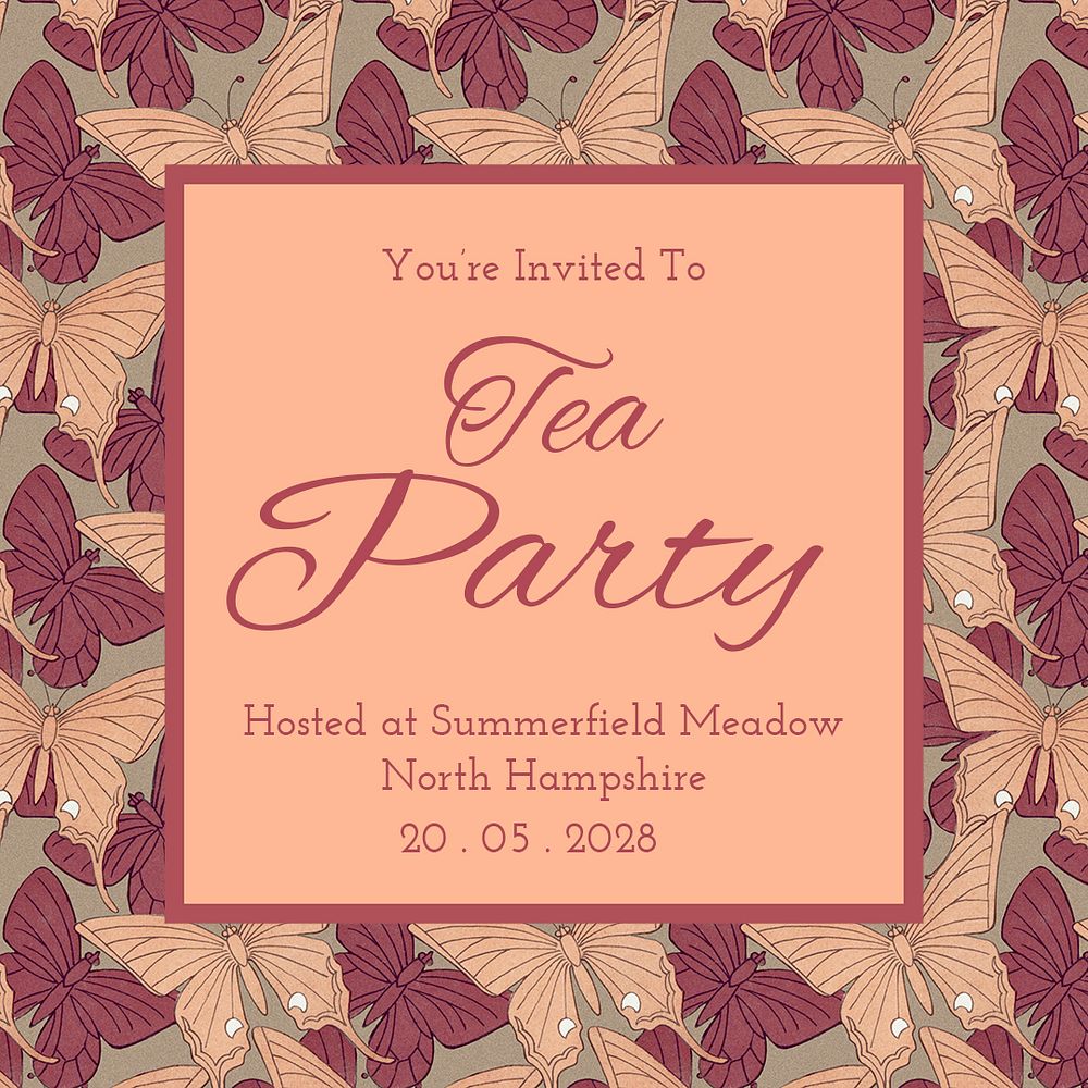 Tea party Instagram post template, vintage butterfly pattern psd, famous Maurice Pillard Verneuil artwork remixed by rawpixel
