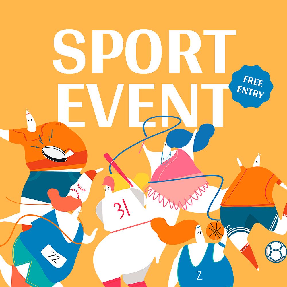 Sport event Instagram post template, cute athlete illustration psd