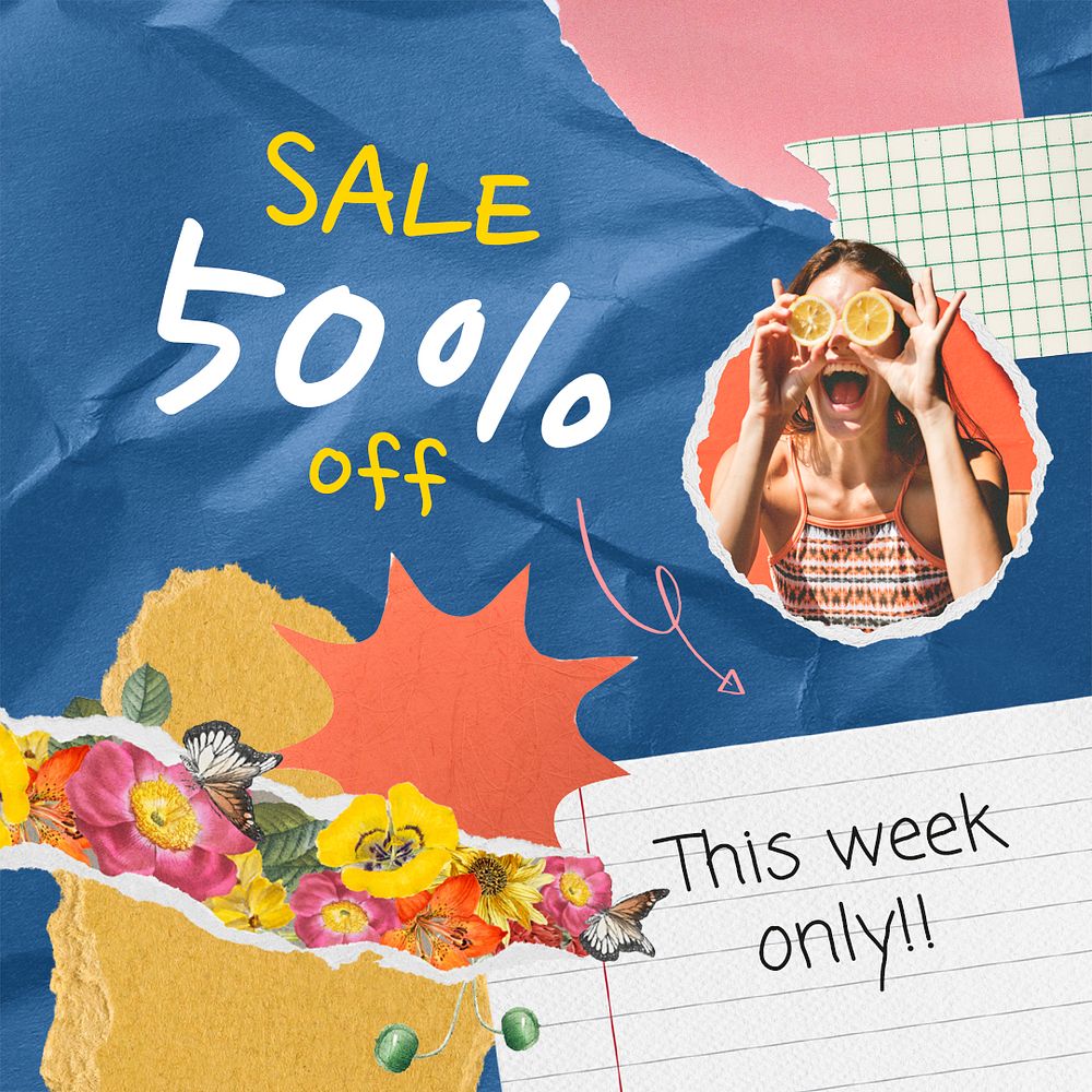 Sale Instagram post template, promotion ad paper collage psd