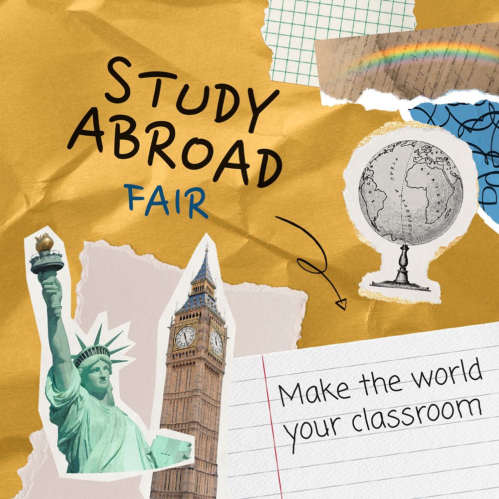 Study abroad Instagram post template, paper collage design psd
