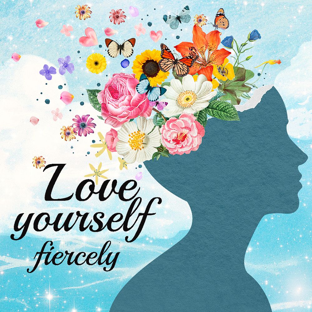 Love yourself Instagram post template, surreal floral collage psd