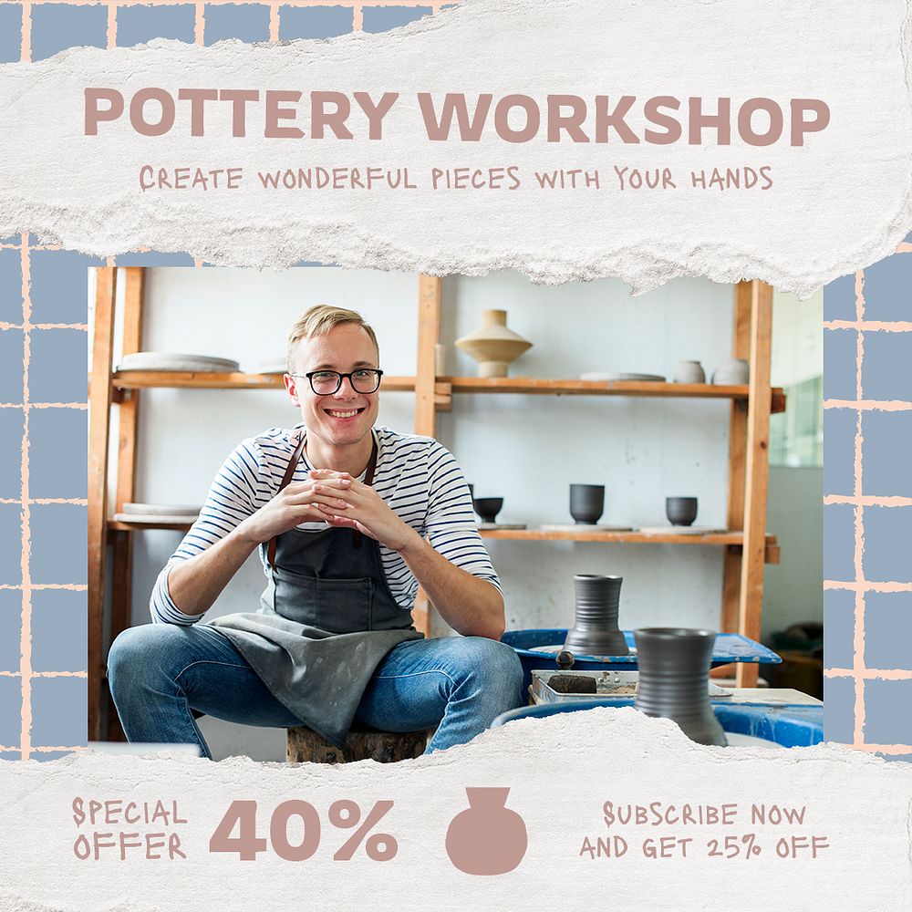 Pottery workshop Instagram post template, editable promotion design psd