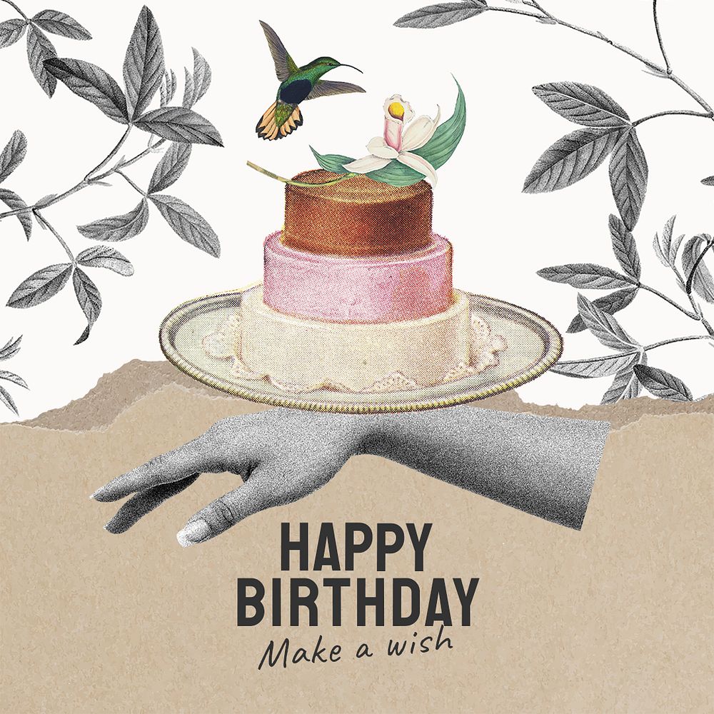 Vintage birthday Instagram post template, cake illustration psd