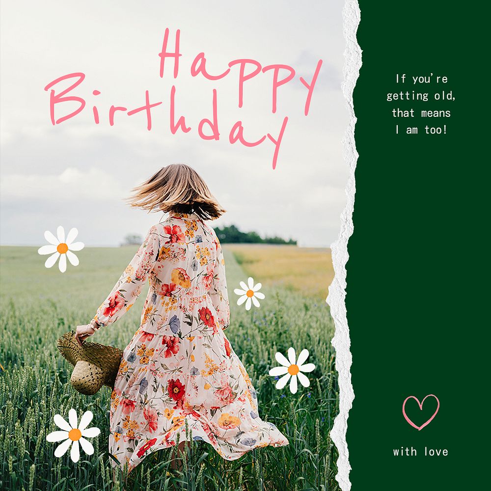 Spring birthday Instagram post template, floral greeting card psd