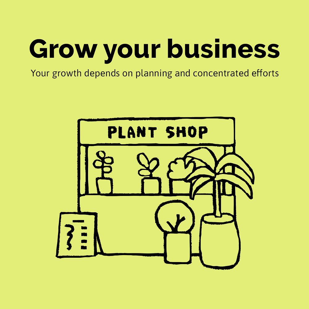 Plant shop Facebook post template, cute doodle psd