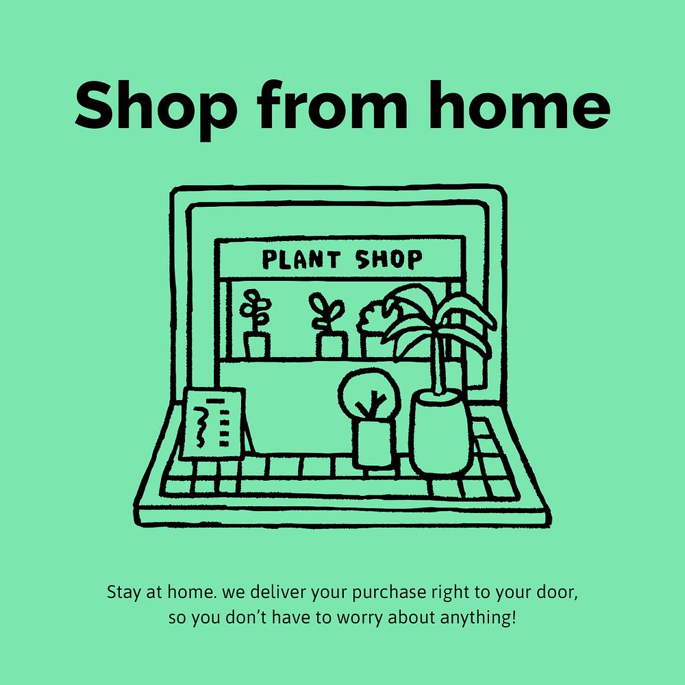 Online plant shop template Instagram post, cute doodle psd