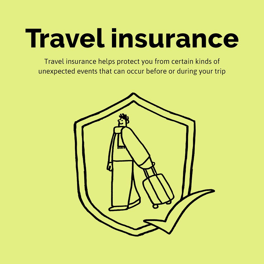 Travel insurance Facebook post template, cute doodle psd