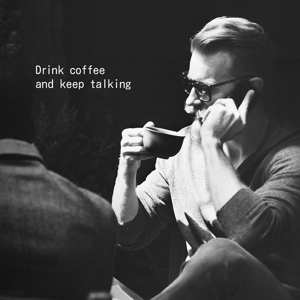 Coffee addict Instagram post template, man having phone call photo psd